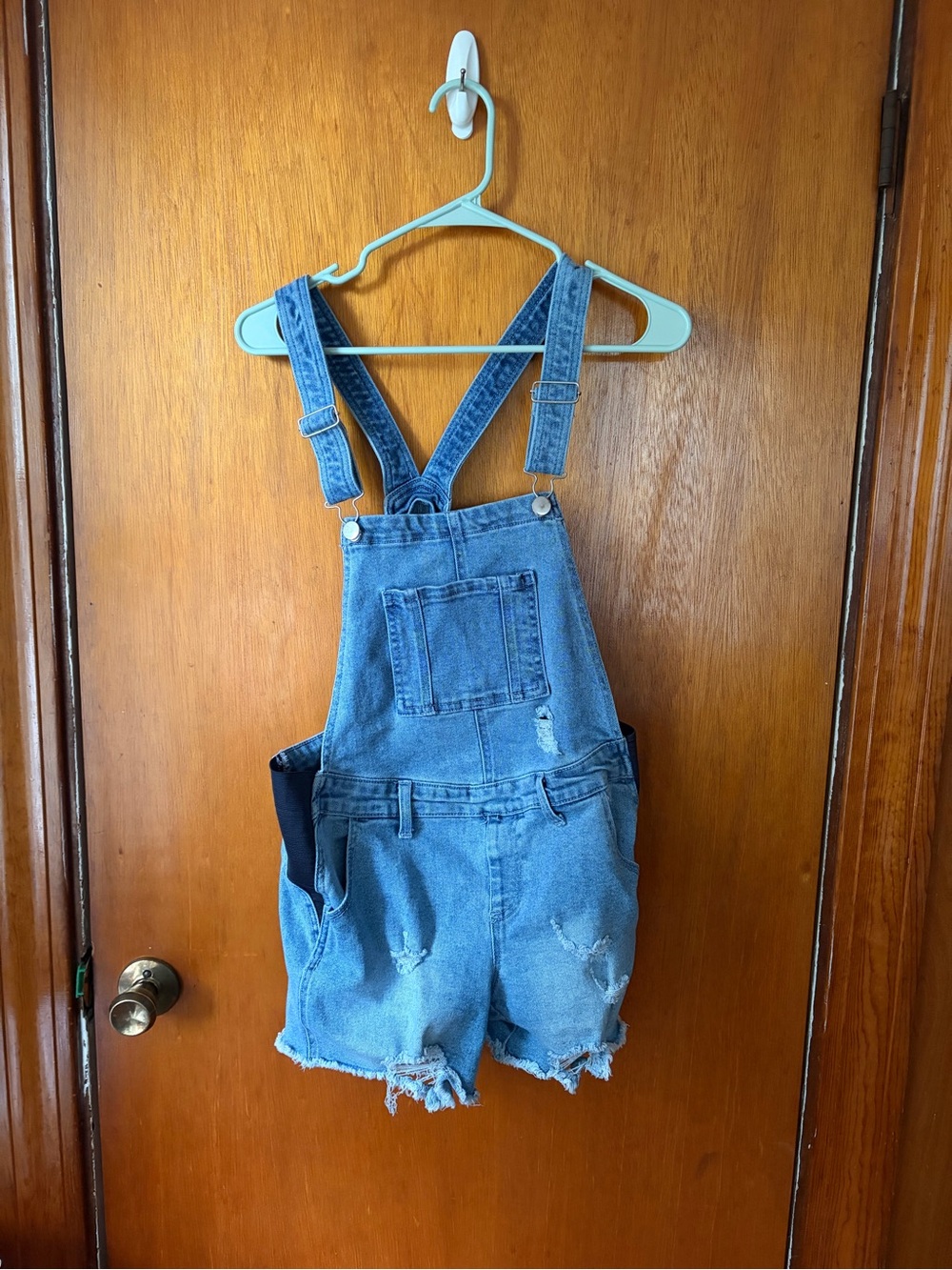 Denim Short Maternity Overalls - Light Blue